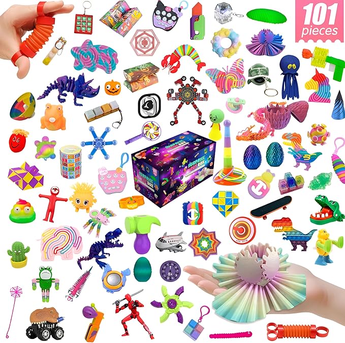 101-Piece Fidget Toy Variety Pack for Kids - Sensory Toys Bulk Set with Stress Balls, Pop Tubes, Squishies & More - Classroom Prizes, Party Favors, and Gifts for Boys & Girls