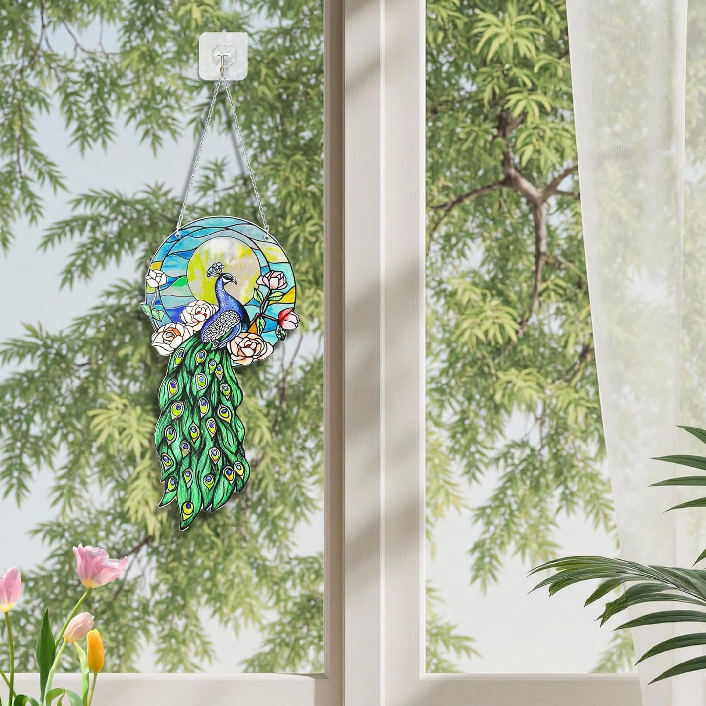 Stained Glass Suncatchers for Windows, Hanging Sun Catchers Indoor Window, Suncatchers for Porch & Garden Unique Peacock-Themed 12''x6''(uv Printed)