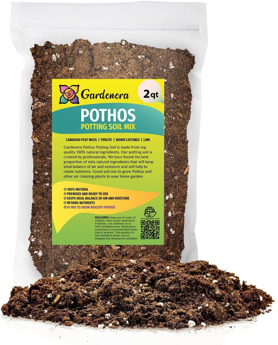 GARDENERA Premium Pothos Potting Soil Mix - Air Cleaning Plant Potting Mix, Soil Mix for Pothos, Parlor Palm, Peace Lily - (2 Quart Bag)