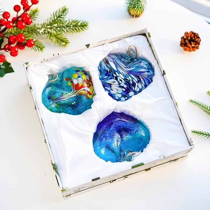 Set of 3 Handmade Glass Heart Ornaments 3.9 Inch Blue Friendship Heart Decor for Garden Home Centerpiece