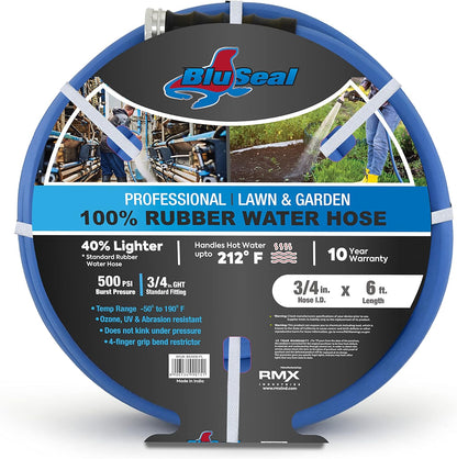 BluSeal Hot/Cold Water Rubber Garden Hose, 100% Rubber, Ultra-Light, Super Strong, 500 PSI, 50F to 190F Degrees, High Strength Polyester Braided (3/4" x 6')