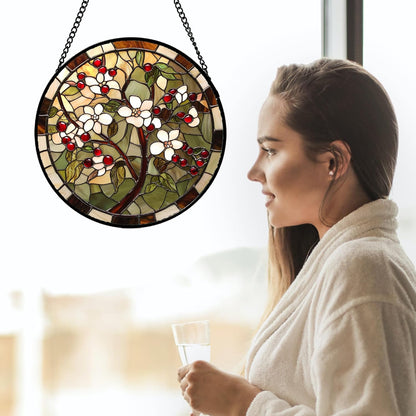CRIS GIF Stained Glass Window Hanging - Hawthorn Tree Birth Flowers Suncatcher for Doors Garden Patio Sun Catchers Decor Christmas Mother's Day Birthday Gifts for Women Men Mom Nana Friend 11.8 in