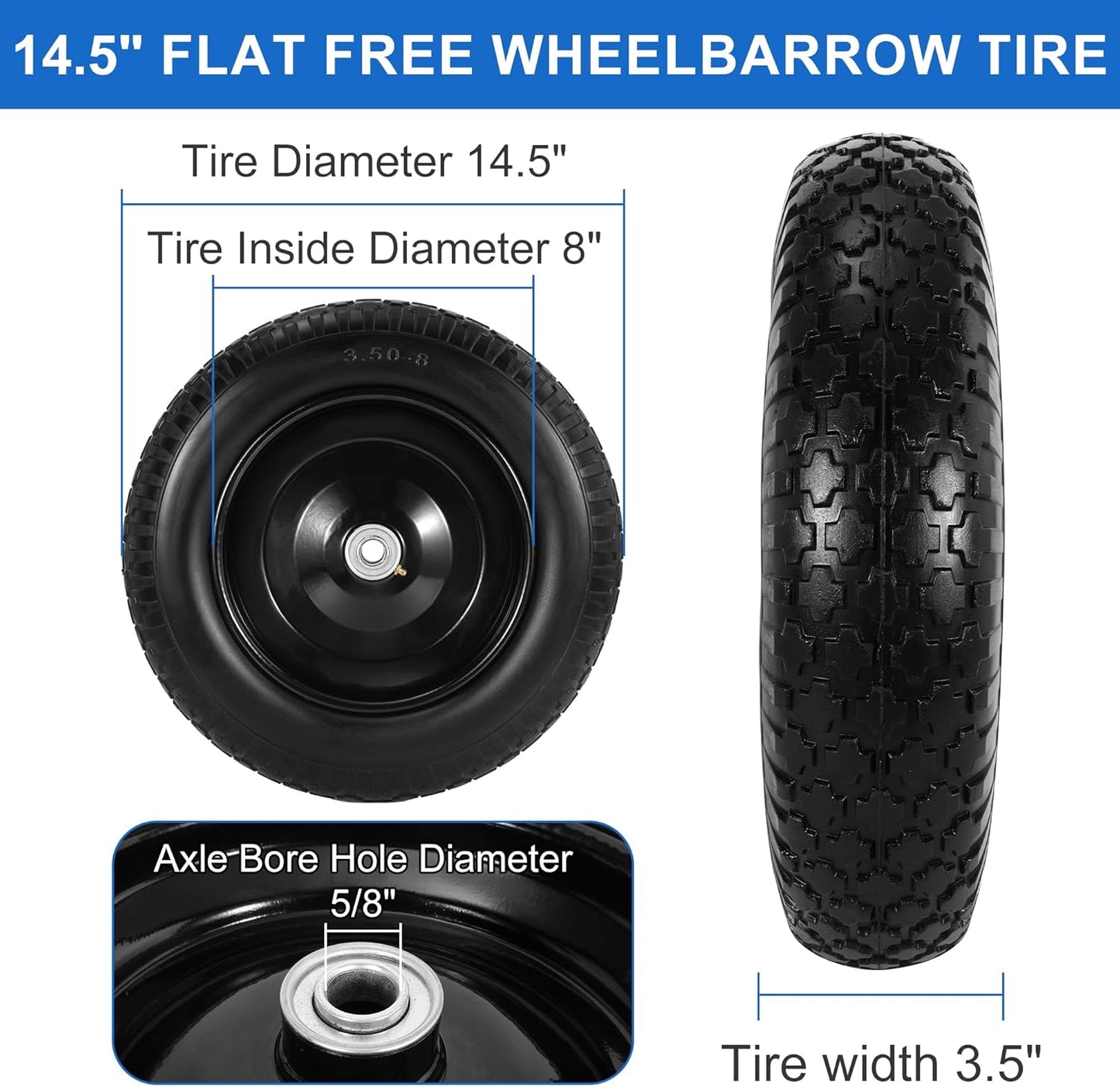 14.5" Flat Free Wheelbarrow Wheels and Tires, 3.50-8" Flat-Free Solid Tire with 5/8" Axle Bore Hole for Wheelbarrow Lawn Mover Trolley Dolly Go Kart Replacement