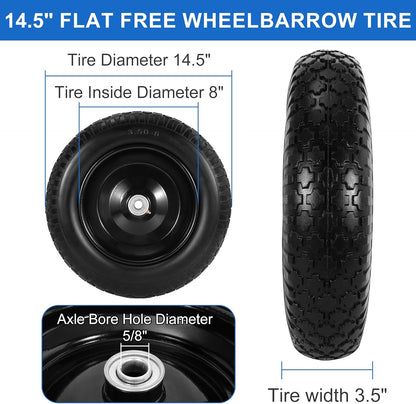 14.5" Flat Free Wheelbarrow Wheels and Tires, 3.50-8" Flat-Free Solid Tire with 5/8" Axle Bore Hole for Wheelbarrow Lawn Mover Trolley Dolly Go Kart Replacement