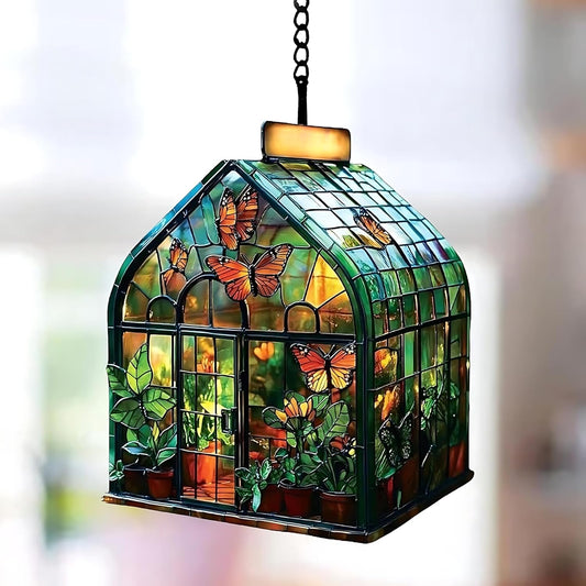 Greenhouse Acrylic Suncatcher Stained Glass Effect Window Car Hanging Christmas Ornament Indoor Outdoor Decor Garden Sun Catcher Panel Gifts for Nature Lover for Women Mom Grandma