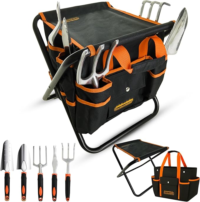 GardenHOME 7-Piece Gardening Tool Set – Stainless Steel Tools with Heavy-Duty Folding Stool and Canvas Tote Bag, Black and Orange – Practical for Men, Gardeners, and DIY Yard Work