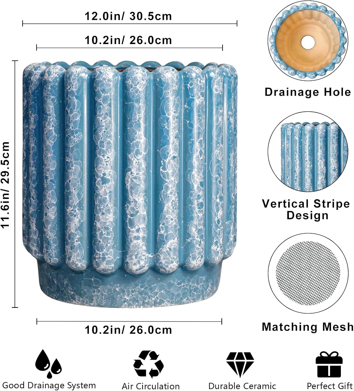 Ceramic Pots for Plants - 12 Inch Planter with Drainage Hole, Round Large Flower Pots for Indoor Plants Outdoor, Fluted Decorative Ceramic Planter, Home Office Decor, Garden Gifts, Blue