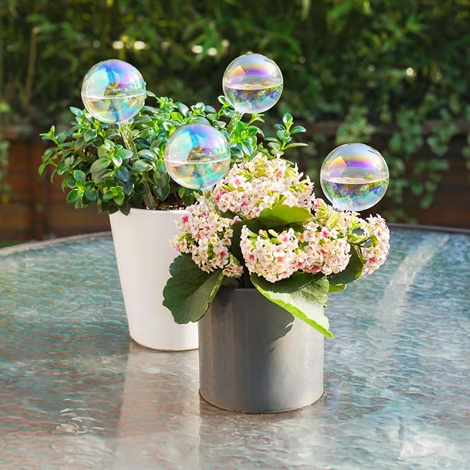 [4 PCS] Light Iridescent Rainbow Gradient Color Clear Glass Self-Watering System Spikes, Automatic Plant Waterer Bulbs