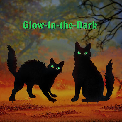 WAIU Halloween Metal Cat Yard Stakes Glow in The Dark Black Cat Silhouette Outdoor Decor for Garden Lawn Patio Spooky Halloween Party Yard Art Decoration, Set of 2