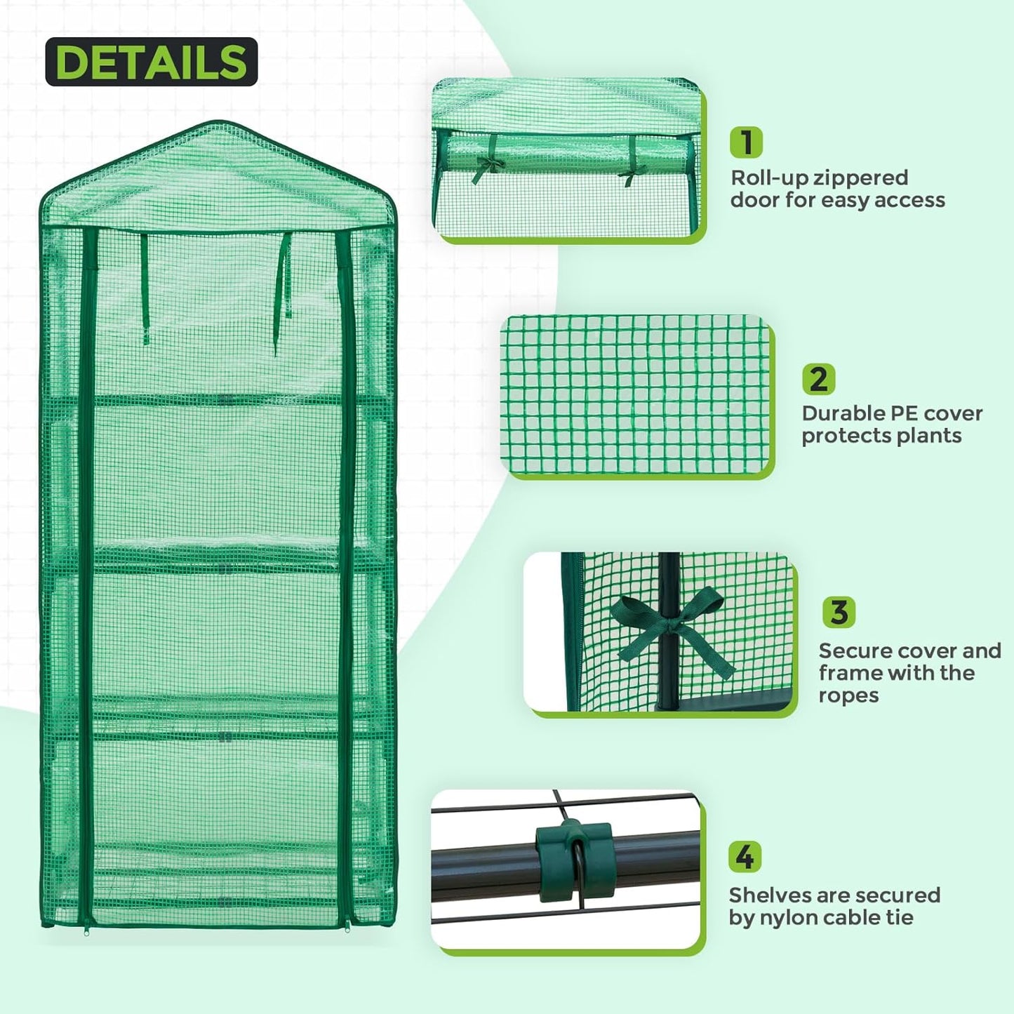 EAGLE PEAK Mini Greenhouse with Wire Shelves, Portable Indoor & Outdoor Green House with Roll-Up Zipper Door, 4 Tier, 27.2"x19.3"x64.2", Clear/Green PE Cover