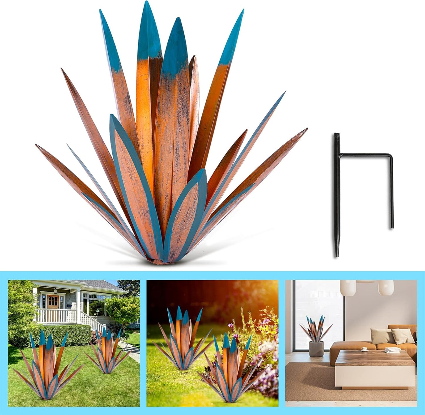 Homight Large Agave Sculpture Rustic Metal Agave Plant Outdoor Interior Decoration Outdoor Lawn Decoration Yard Wooden Posts Matching Garden Suitable for Patio
