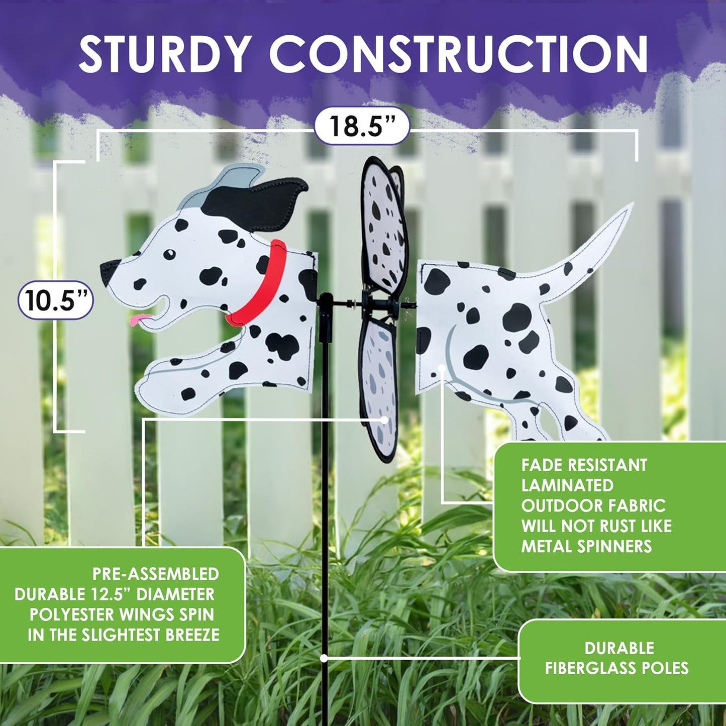 Premier Kites Petite Spinner Dalmation – Whimsical Wind Spinner for Yard & Garden, Durable Weather-Resistant Fabric, Easy to Assemble, Outdoor Decor for Patios, Lawns, & Fairy Lovers