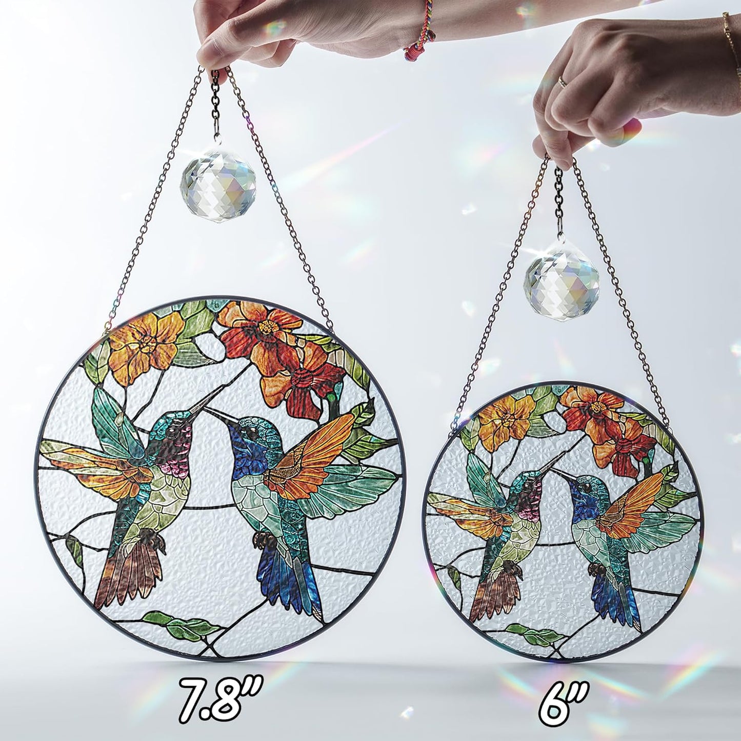 Personalized Hummingbirds Stained Glass Suncatchers Art Glass Birds for Sun Catcher Indoor Window Gifts for Pet Animal Nature Floral Lovers Women Grandma Mom Friend Painted Panel Décor