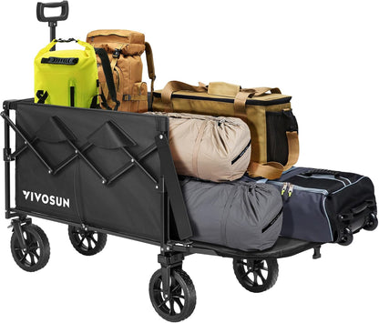 VIVOSUN Collapsible Wagon with Tailgate, 320lb Load-Bearing Outdoor Utility with All-Terrain Wheels, Adjustable Handle, Cup Holders for Camping, Shopping, Garden, Sports, Picnic, Black