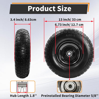 2PC 4.00-6 Flat-Free Tires and Wheels,13" Rubber Solid Tire, with 5/8" & 3/4" Bearing, 1.8"-5.8" Centered Hub Length, 4.00-6 tire and wheel Fit for Gorilla Cart, Garden Cart/Hand Truck/Wheelbarrowetc.