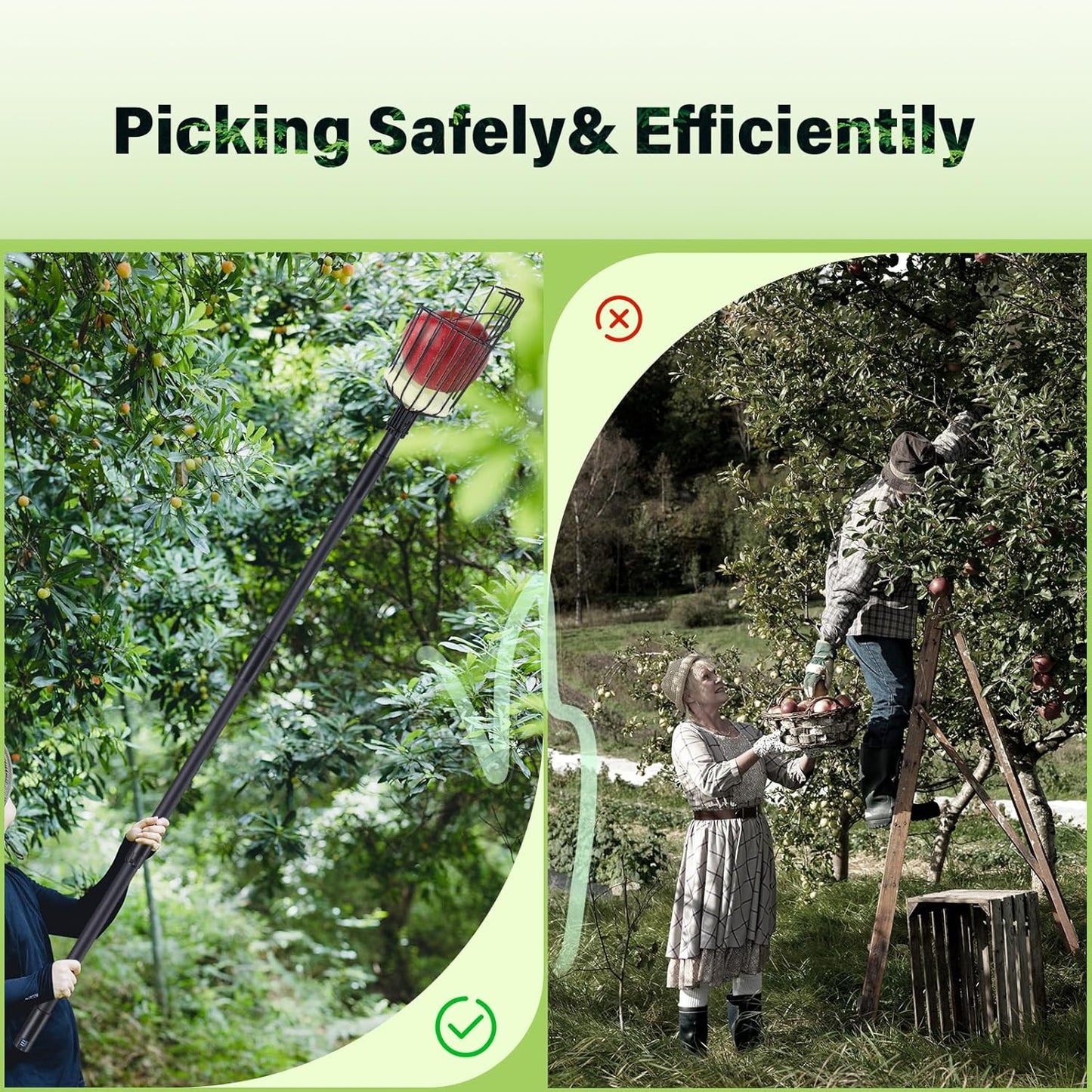 Fruit Picker Pole with Basket - 8.43FT(257CM) Adjustable Tree Gardening Supplies with Stainless Steel Handle Apple Picker Fruit Grabber Reach Tool for Mango Pear Orange Avocados Fruit Picking, Black