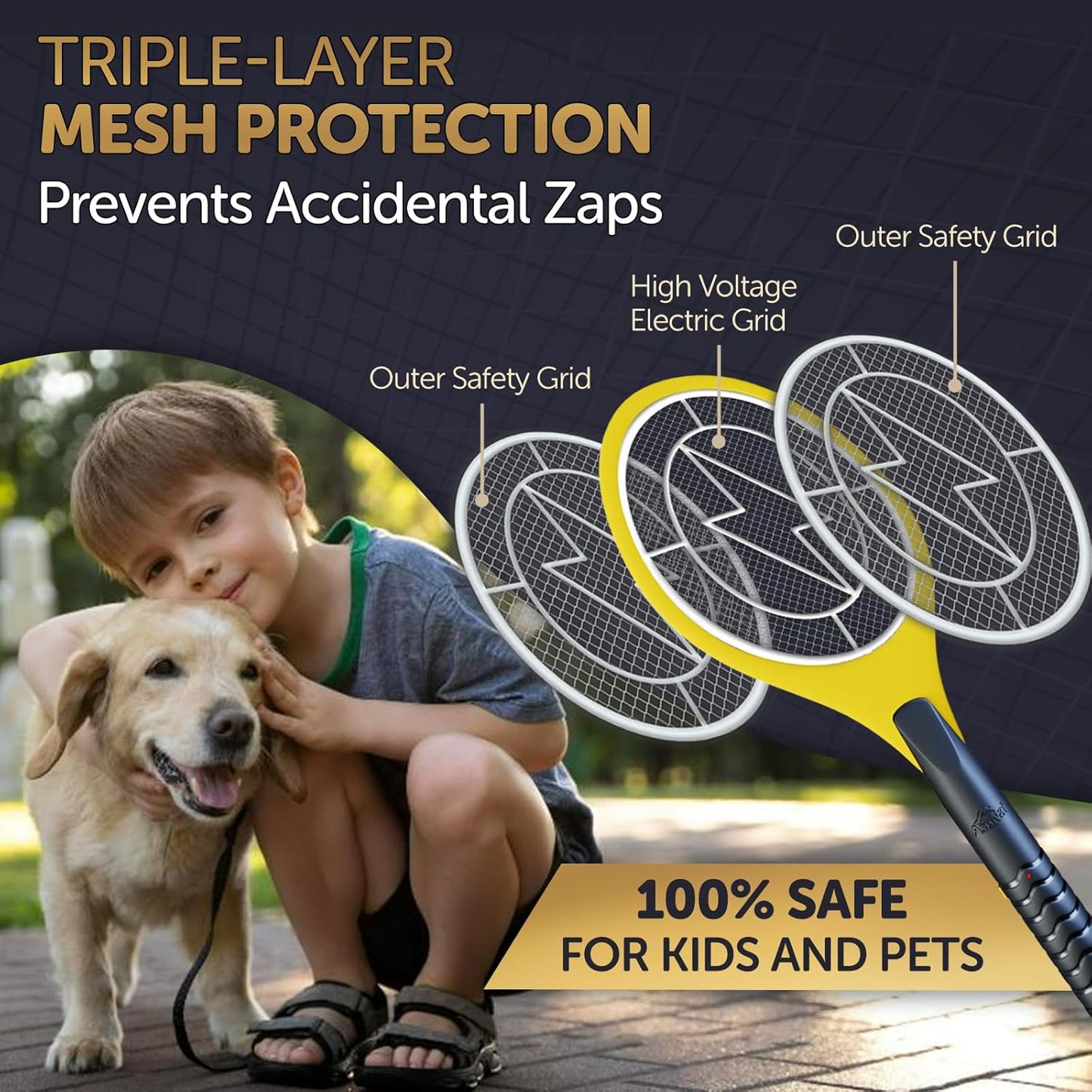 Bug Zapper 18" Electric Fly & Mosquito Swatter Racket - Outdoor/Indoor Killer for Flies, Battery-Operated Tennis Killing Zap, 3000 Volts Electronic Catcher, 2 AA Batteries Included - Yellow
