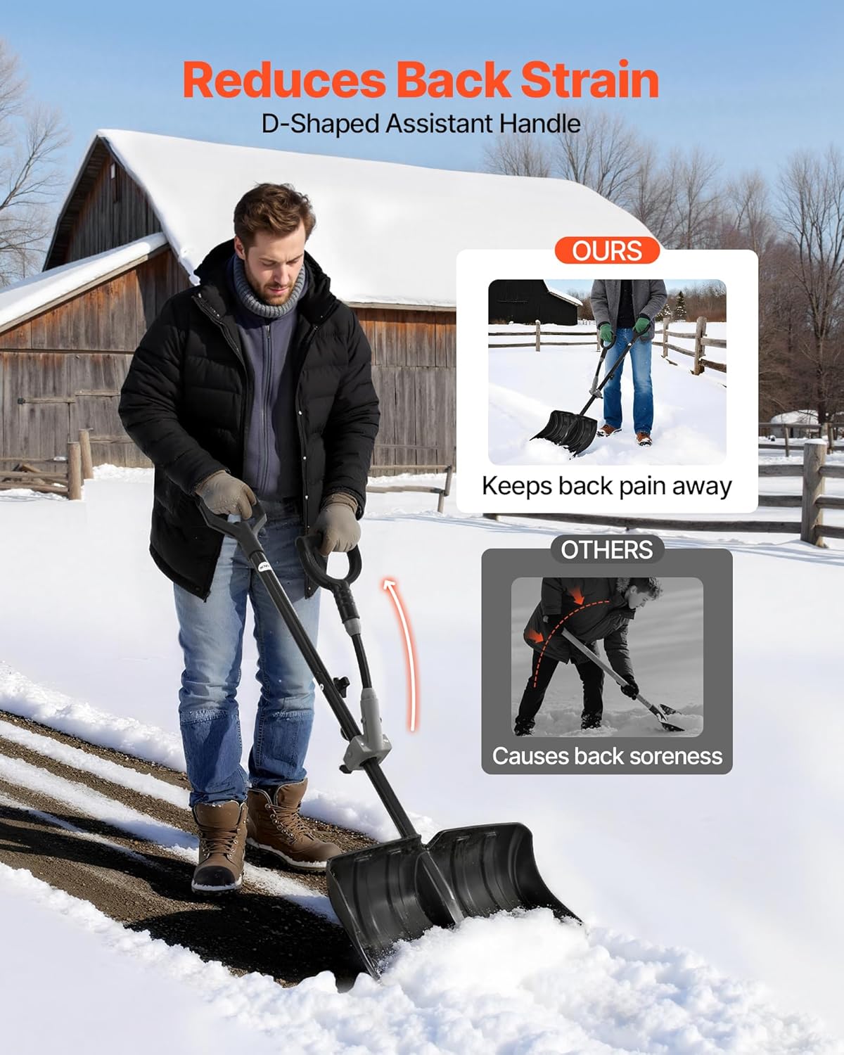 VEVOR Snow Shovel for Driveway, 18 in Wide Plastic Snow Shovel with Assist D-Shaped Handles, Non Slip Grip, Large Capacity Snowplow Shovels, Lightweight Snows Removal Tool for Garden Car Camping