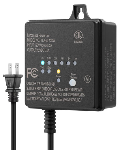 DEWENWILS 60W 120V AC to 12V DC Outdoor Low Voltage Transformer with Timer and Photocell Light Sensor, Weatherproof, Specially for LED Landscape Lighting, Spotlight, Pathway Light, ETL Listed
