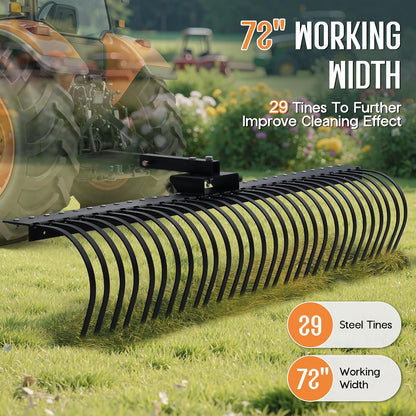 Specraft 72" Behind Landscape Rake for Tractor, Tow Dethatcher Rake with 29 Steel Coil Tines and 2" Receiver, Fit for 3-Point Suspension Systems