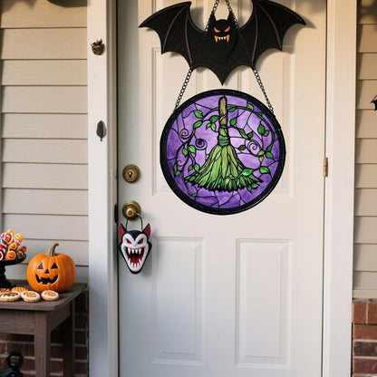 Stained Glass Window Hanging - Halloween Decorations Witch Magic Broom Suncatcher for Doors Garden Indoor Funny Spooky Sun Catchers Gothic Decor Horror Gifts for Women Men Friend 7.8 in