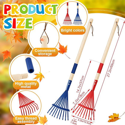 Suclain 2 Pcs Kids Rake with Hardwood Handle Small Child Size Multicolor 28'' Mini Rake for Leaves Lightweight for Children Garden Leaf Yard Tools Gifts