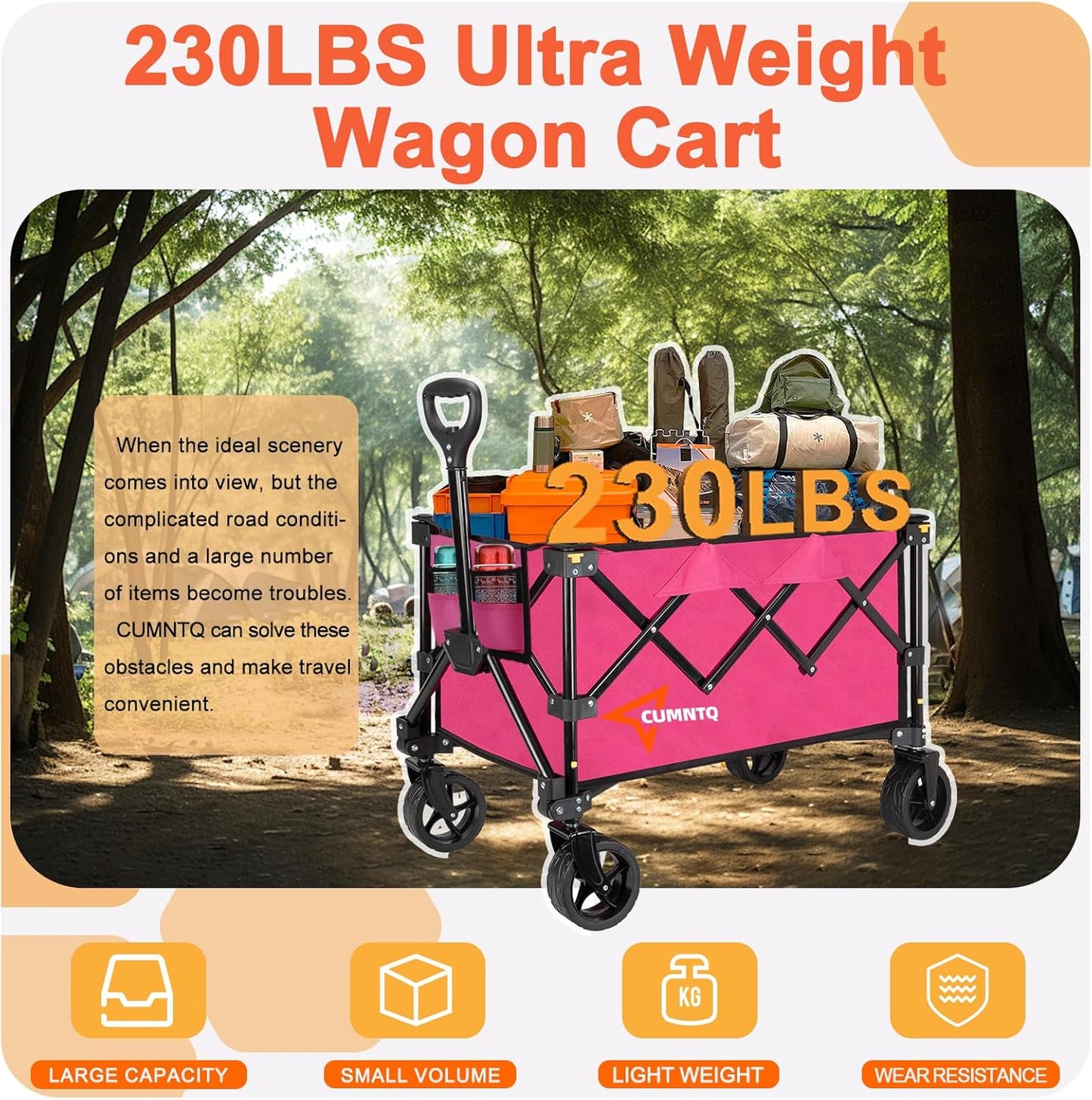 Collapsible Wagon Cart with Wheels, Heavy DutyFoldable Wagon Cart with 230lbs Weight Capacity, UtilityBeach Wagons Portable for Outdoor, Grocery, Camping,.Shopping, Rose Red
