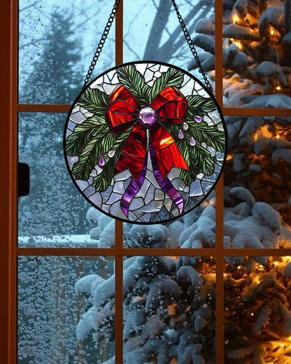 Stained Glass Window Hanging - Purple Gem Christmas Wreath Suncatcher for Doors Home Christmas Decoration Winter Sun Catcher Thanksgiving New Year Birthday Gifts for Women Men Mom Nana 9.8 in