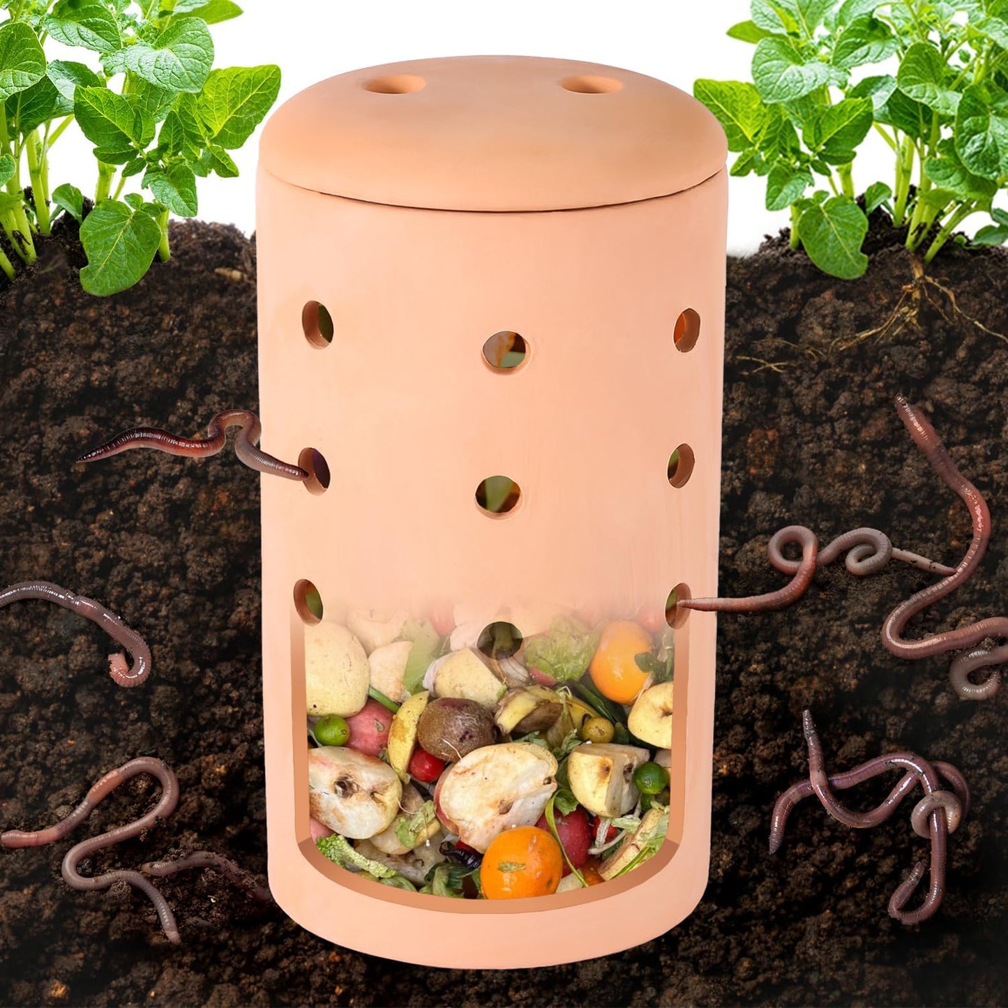 Underground Compost Bin 11Inch Garden Worm Farm Outdoor for Organic Refuse Red Pottery Ceramics Compost Bin with Holes and Lid Clay for Garden Vegetable Patch Backyard