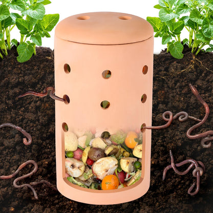 Underground Compost Bin 11Inch Garden Worm Farm Outdoor for Organic Refuse Red Pottery Ceramics Compost Bin with Holes and Lid Clay for Garden Vegetable Patch Backyard