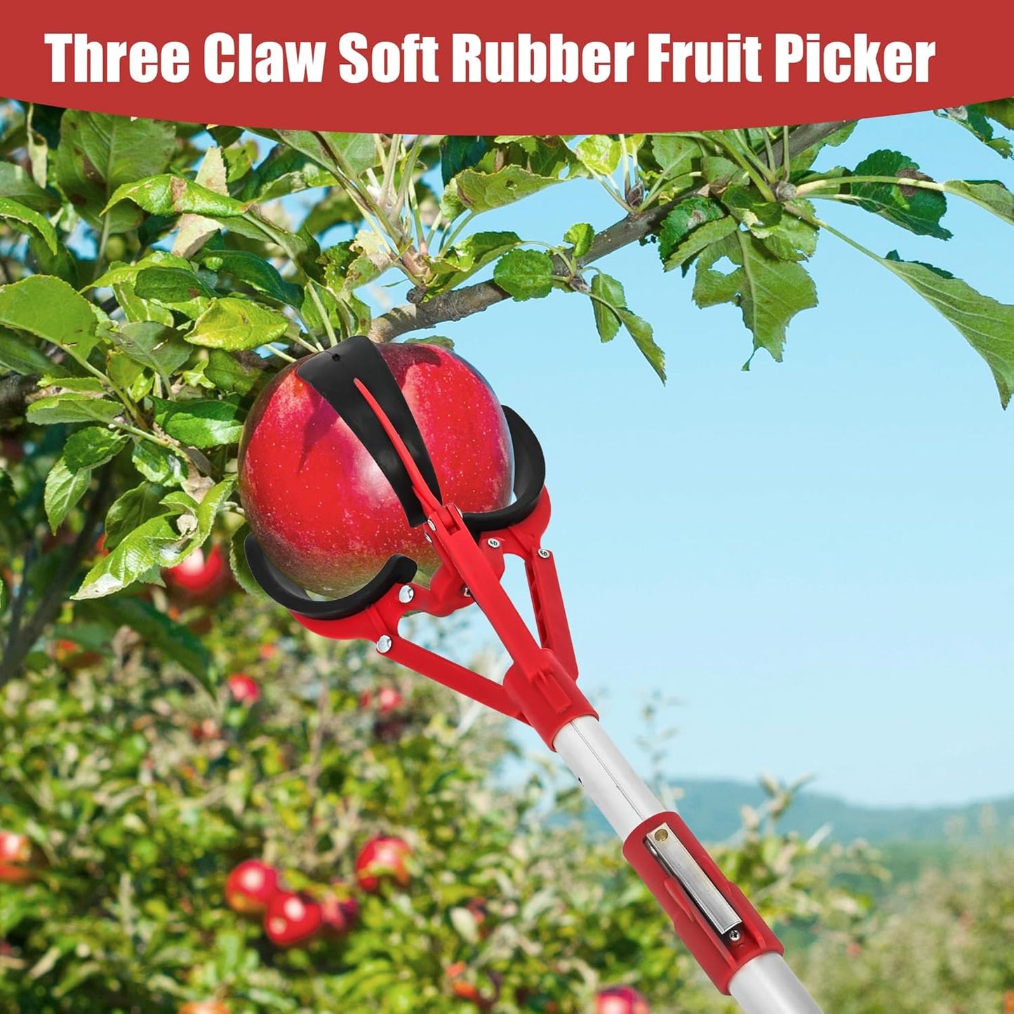 Adjustable Fruit Picker Extension 51"-91" Aluminum Telescoping Pole, Multi-Function Fruit Grabber for Lemons, Oranges, Persimmon, Avocados, Gentle Harvesting, No Bruising