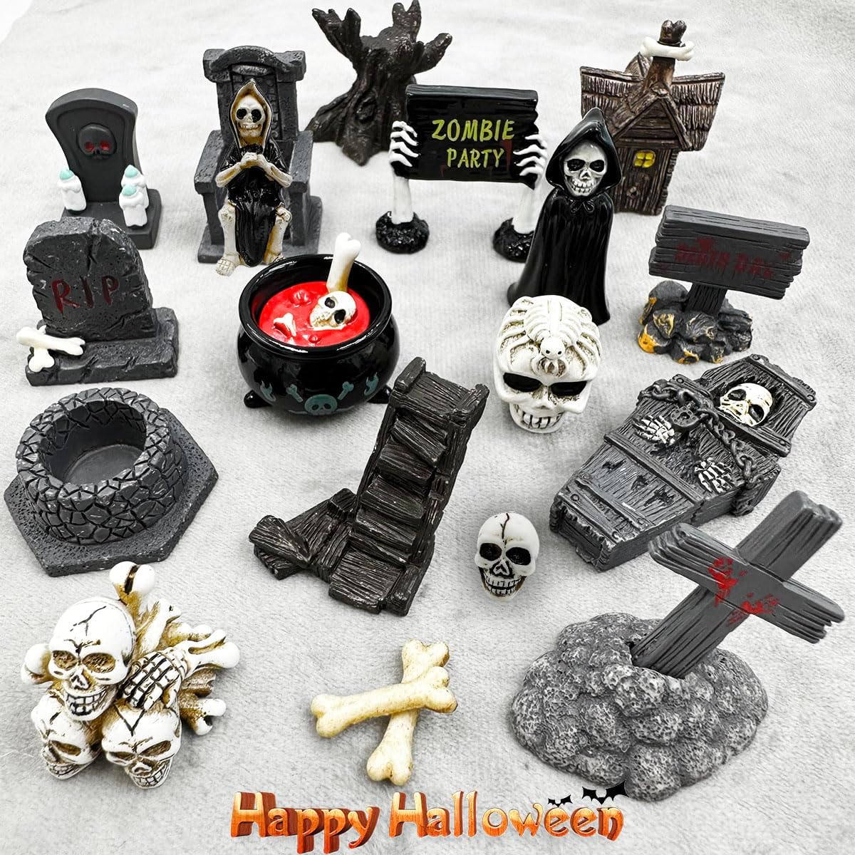 Halloween Miniature Figurines - 18Pcs Resin Ghost Tombstones Skull Heads Scene Ornaments Halloween Garden Accessories Mini Figurine Decorations for Outdoor Statues Home Village Crafts Decor