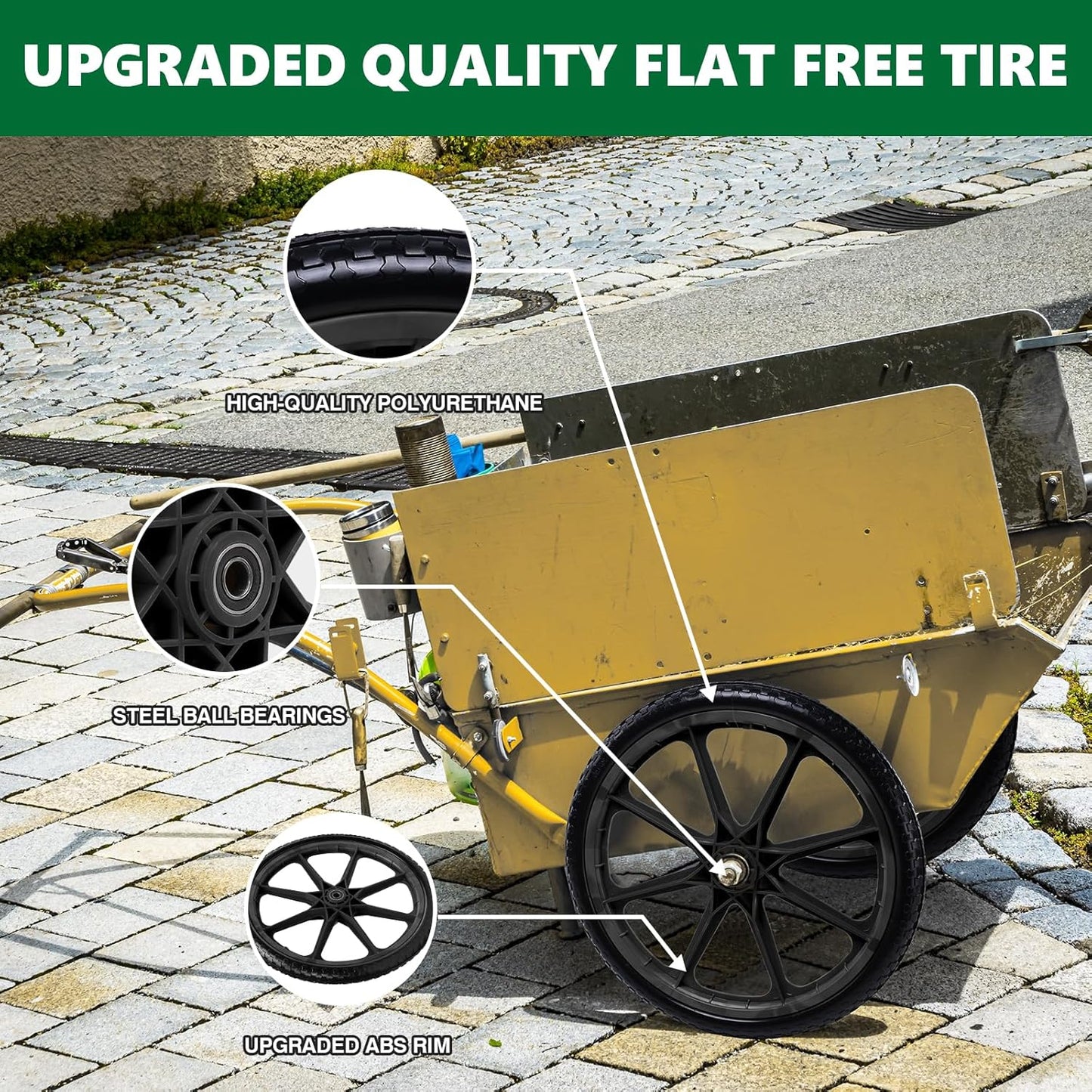 20" Flat Free Tire and Wheel with 3/4" & 5/8" Bearing, Replacement Wheels for Rubbermaid Wheelbarrow,Lawn Carts, Big Wheel Utility Carts and Garden Yard Cart, 2 Pcs Black