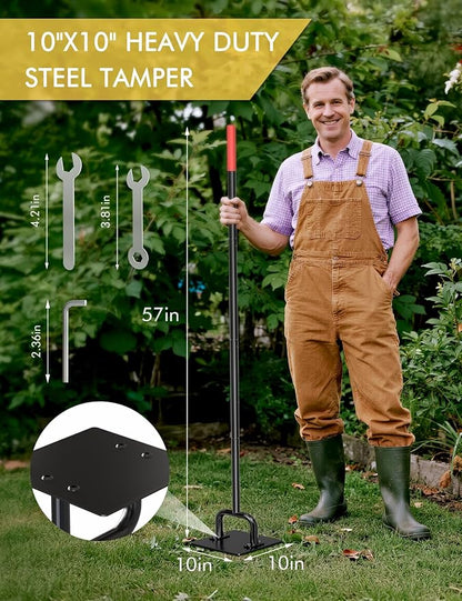 Heavy Duty 10"x10" Steel Tamper Tool with 57" Long Handle and Rubber Grip, Hand Compactor Tool for Soil, Gravel, Asphalt, Driveway, Sidewalk and Paver Base Leveling