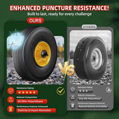 4.10/3.50-4 Tire and Wheel Flat Free,10-Inch Solid Wheel Replacement with 5/8 Extra 3/4 &1/2 Bearings,2.2" Offset Hub -Compatible with Hand Truck,Wheelbarrow,Dolly(Wave,Yellow)