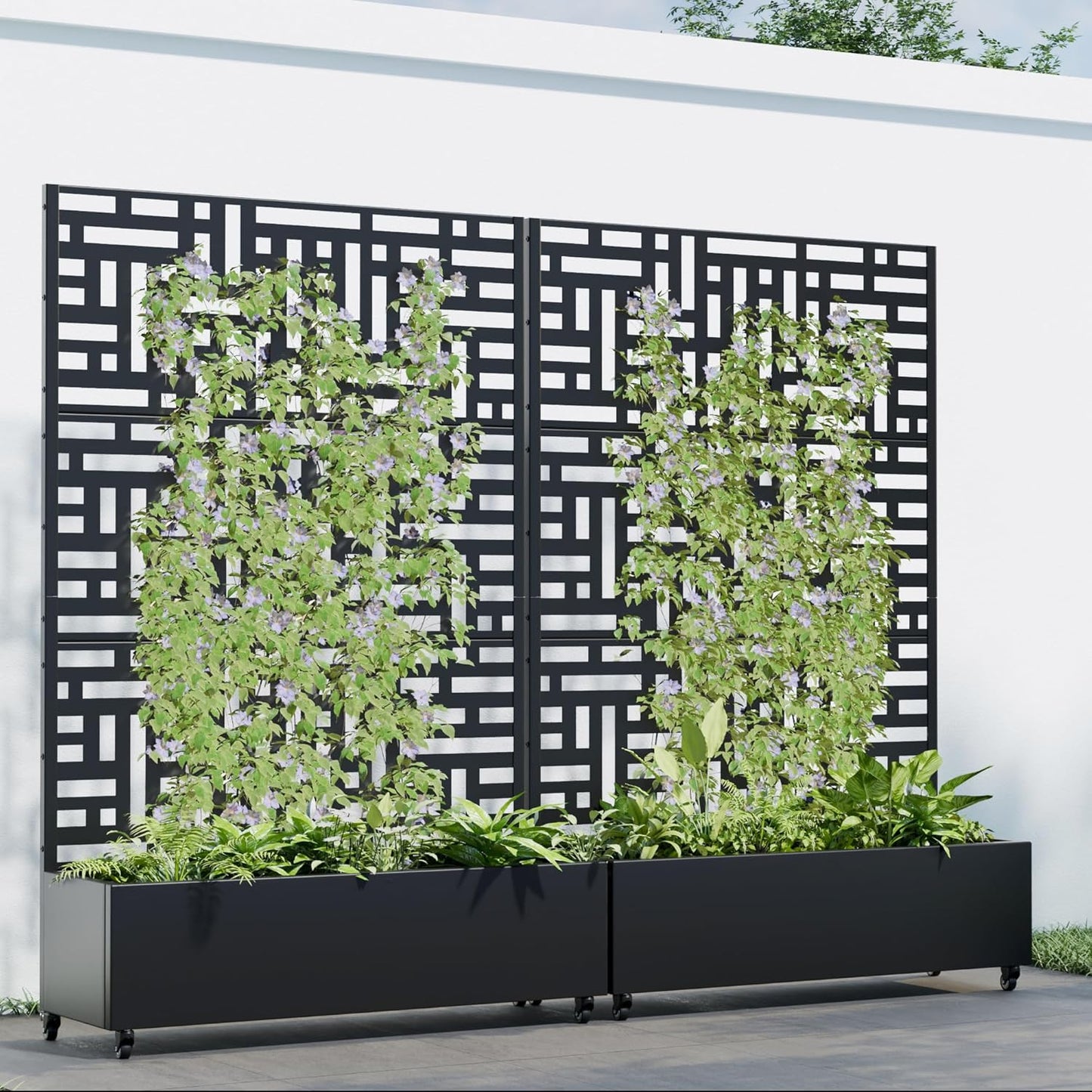 Casaphoria 72"x47" Metal Raised Garden Bed with Trellis(2 Pack), Outdoor Planter Box with Wheels & Drainage Holes for Climbing Plants, Flowers, Elevated Garden Kit with Privacy Screen, Black-Helen