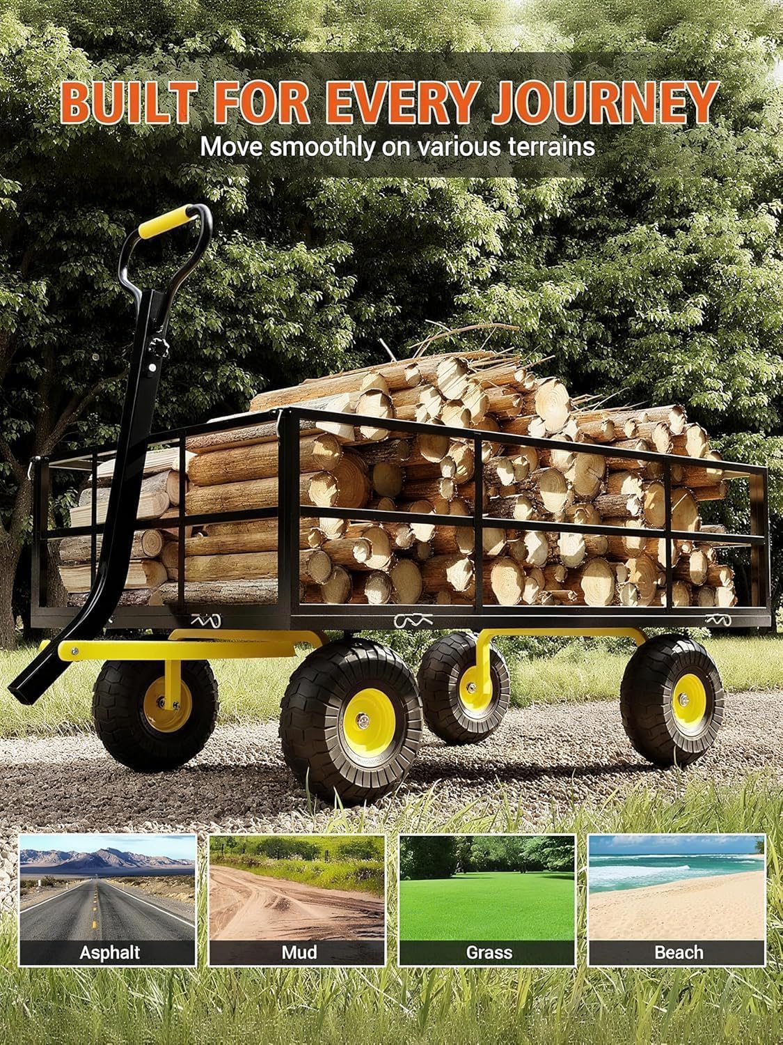 Metal Wagon - 1200lbs Garden Cart with 10" Multi-Terrain Tires, 4 Removable Mesh Sides & 180° Swivel Handle, Yard Wagon Cart for Lawn, Yard, Patio Gardening