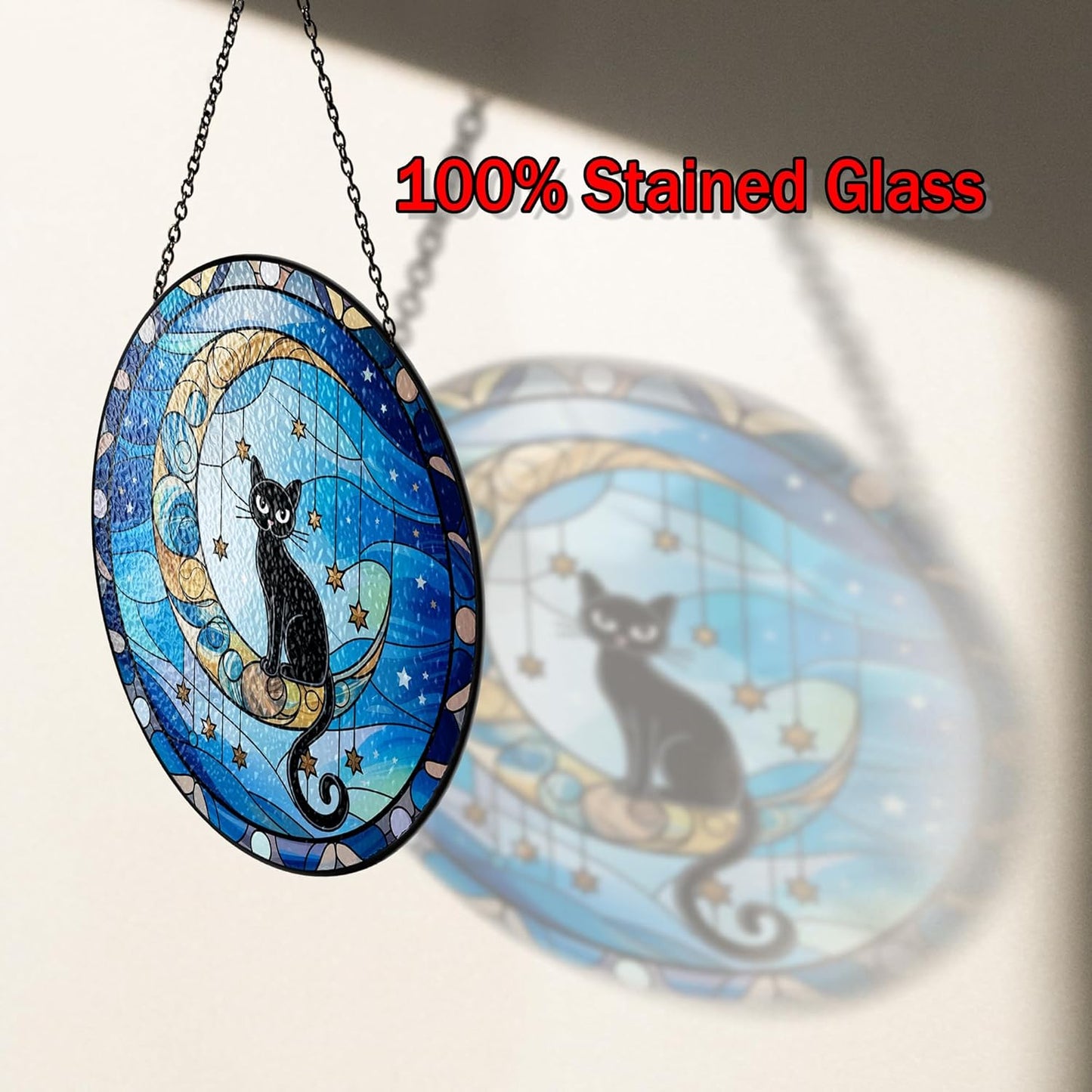 7.8" Black Cat Sit on Moon Stained Glass Suncatcher, Black Cat Suncatcher Window Hanging, Sun Catcher Garden Decor Housewarming, Birthday Gifts for Pet Lover, Women, Mom, Friends PET-06D-SG8