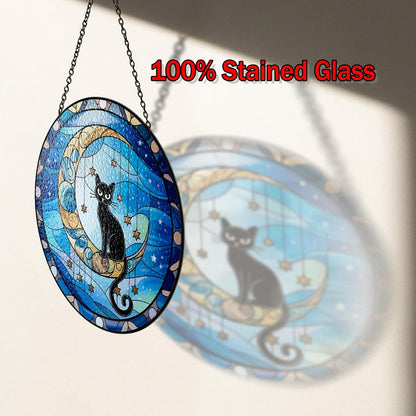 7.8" Black Cat Sit on Moon Stained Glass Suncatcher, Black Cat Suncatcher Window Hanging, Sun Catcher Garden Decor Housewarming, Birthday Gifts for Pet Lover, Women, Mom, Friends PET-06D-SG8