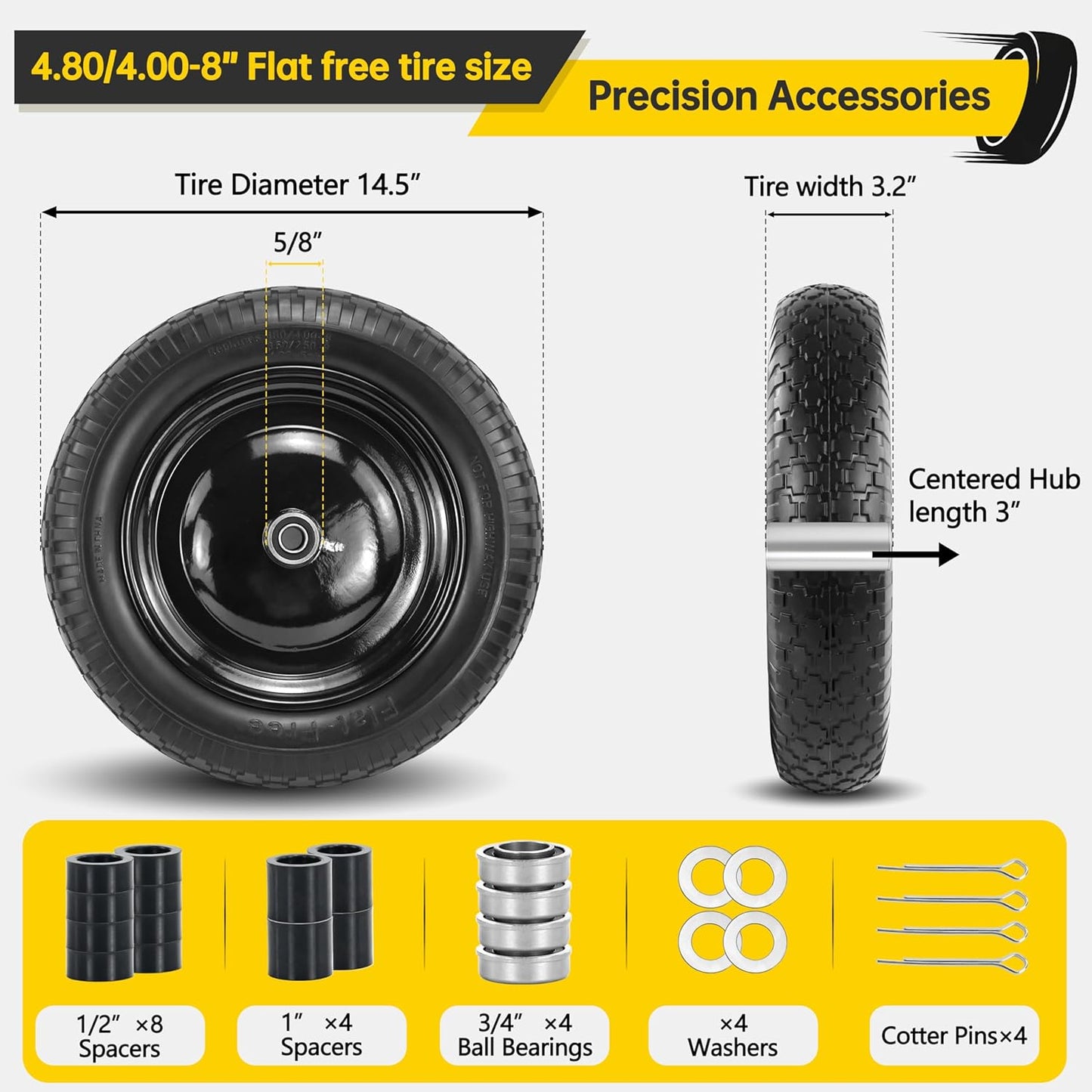 2PC 4.80/4.00-8 Flat Free Tire, 14.5 Wheelbarrow Tire and Wheel with 5/8" Bearings & Extra 3/4", 3-7" Centered Hub, 4.80/4.00-8 tire and wheel Fit for Gorilla Cart, Garden Cart/Hand Truck