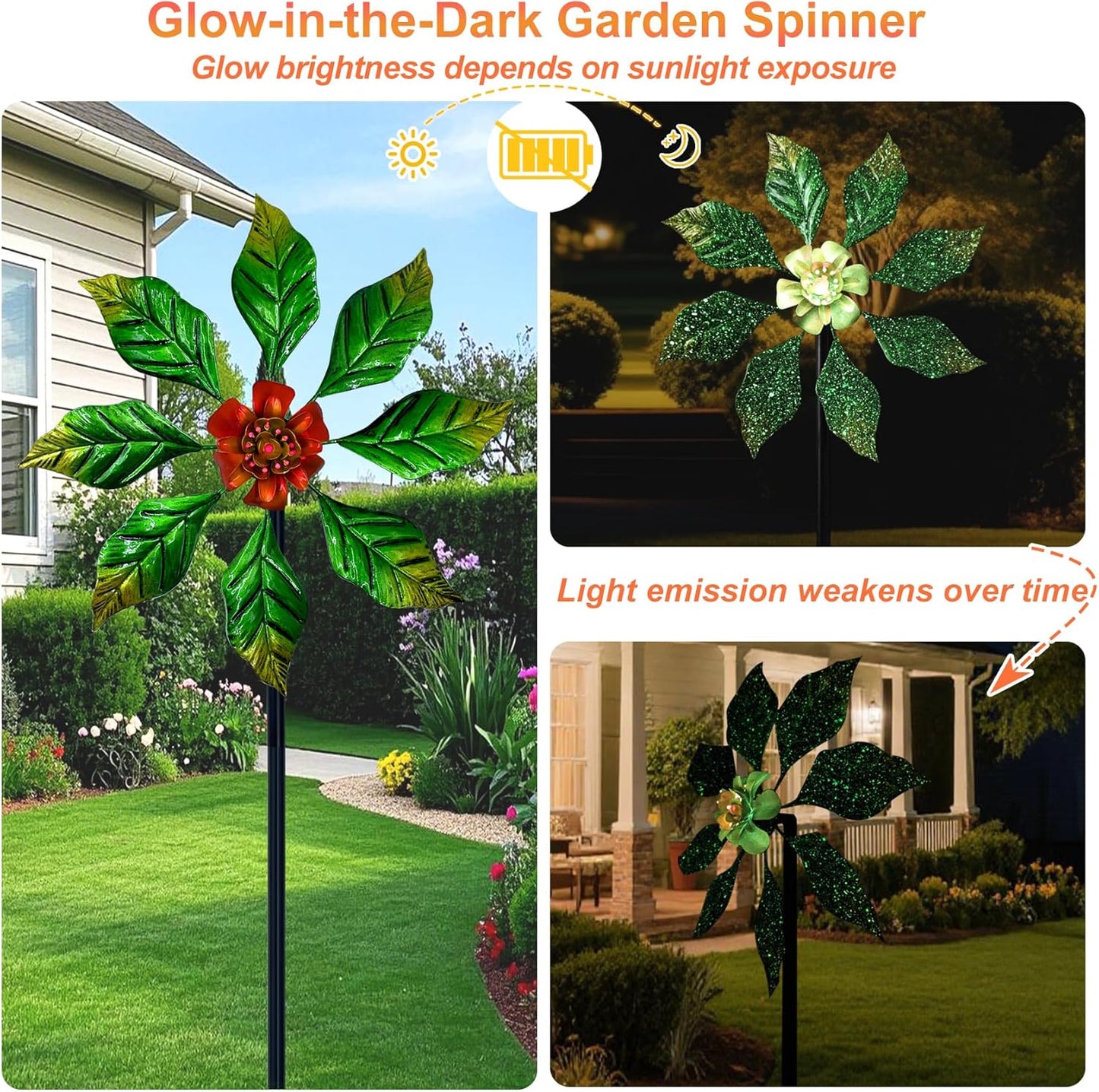Glow-in-Dark Metal Wind Spinner for Yard and Garden, Outdoor Luminous Wind Spinners Yard Art Garden Decor (13.4" W x 47" H) Orange