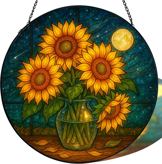 Stained Glass Window Hanging,Sunflower Sun Catchers Stained Glass Panels for Indoor Windows Wall