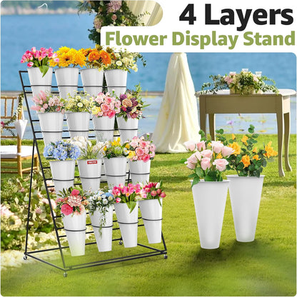 Flower Display Stand 4 Layers with 16 PCS Round Buckets, Plant Stand with Wheels, Movable Metal Plant Stand for Terrace Garden, Florist Shop