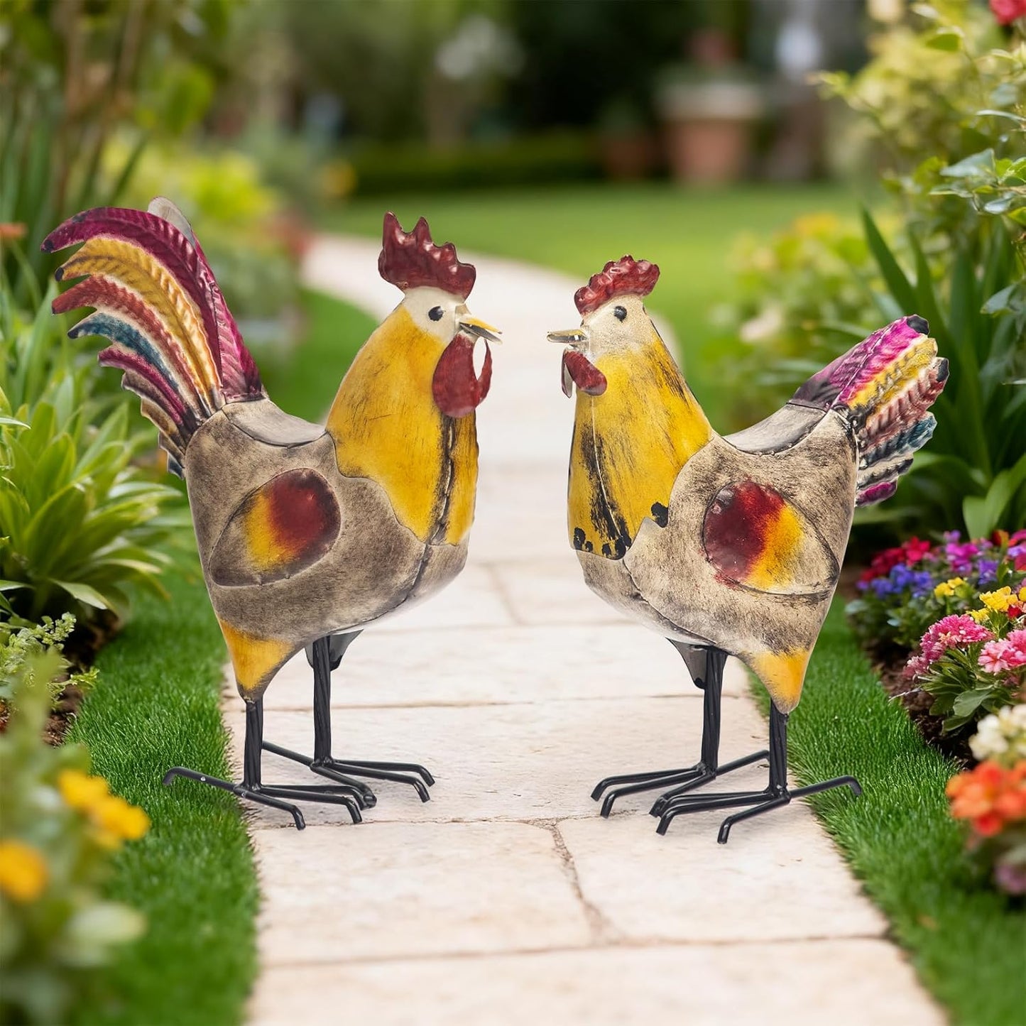 MODE HOME 2 Piece Metal Rooster Yard Decor Set, 12" Outdoor Chicken Statue for Garden, Farmhouse and Patio, Hand-Painted Metal Chicken Figurine, Rustic Chicken Yard Art and Outdoor Rooster Decor