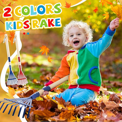 Suclain 2 Pcs Kids Rake with Hardwood Handle Small Child Size Multicolor 28'' Mini Rake for Leaves Lightweight for Children Garden Leaf Yard Tools Gifts