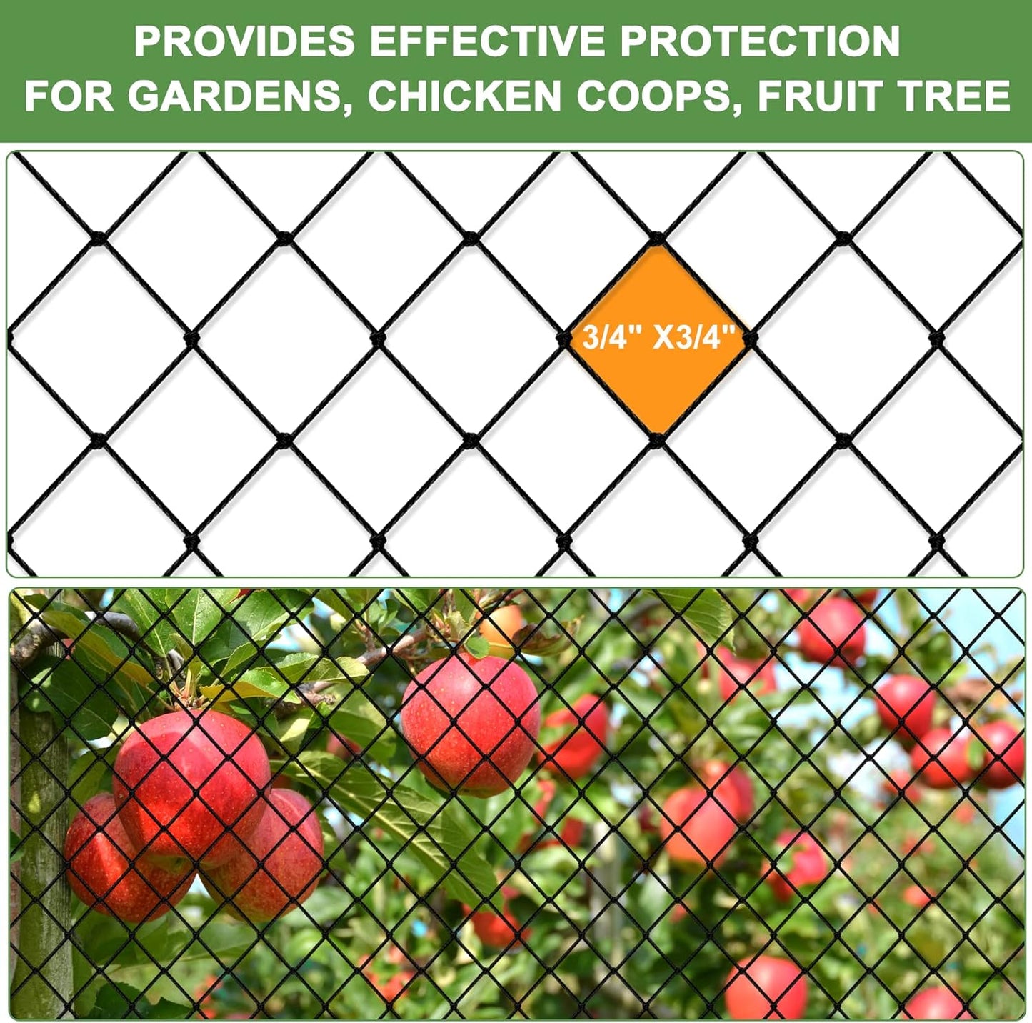 Heavy Duty Bird Netting - 3/4' Mesh Net, 25x100ft Poultry Netting for Chicken Coop, Garden Protection for Fruit Trees, Orchard Against Squirrels, Deer, Hawk