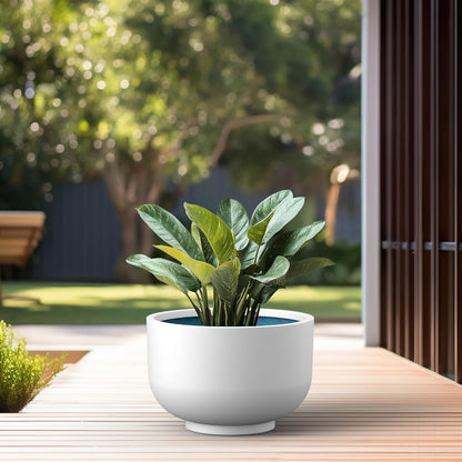 Kante 17.7 Inch Dia Concrete Bowl Planter, Large Tapered Bottom Plant Pot with Drainage, Smooth White Finish with Aqua Blue Interior, Ideal for Porch, Home, Garden, Patio