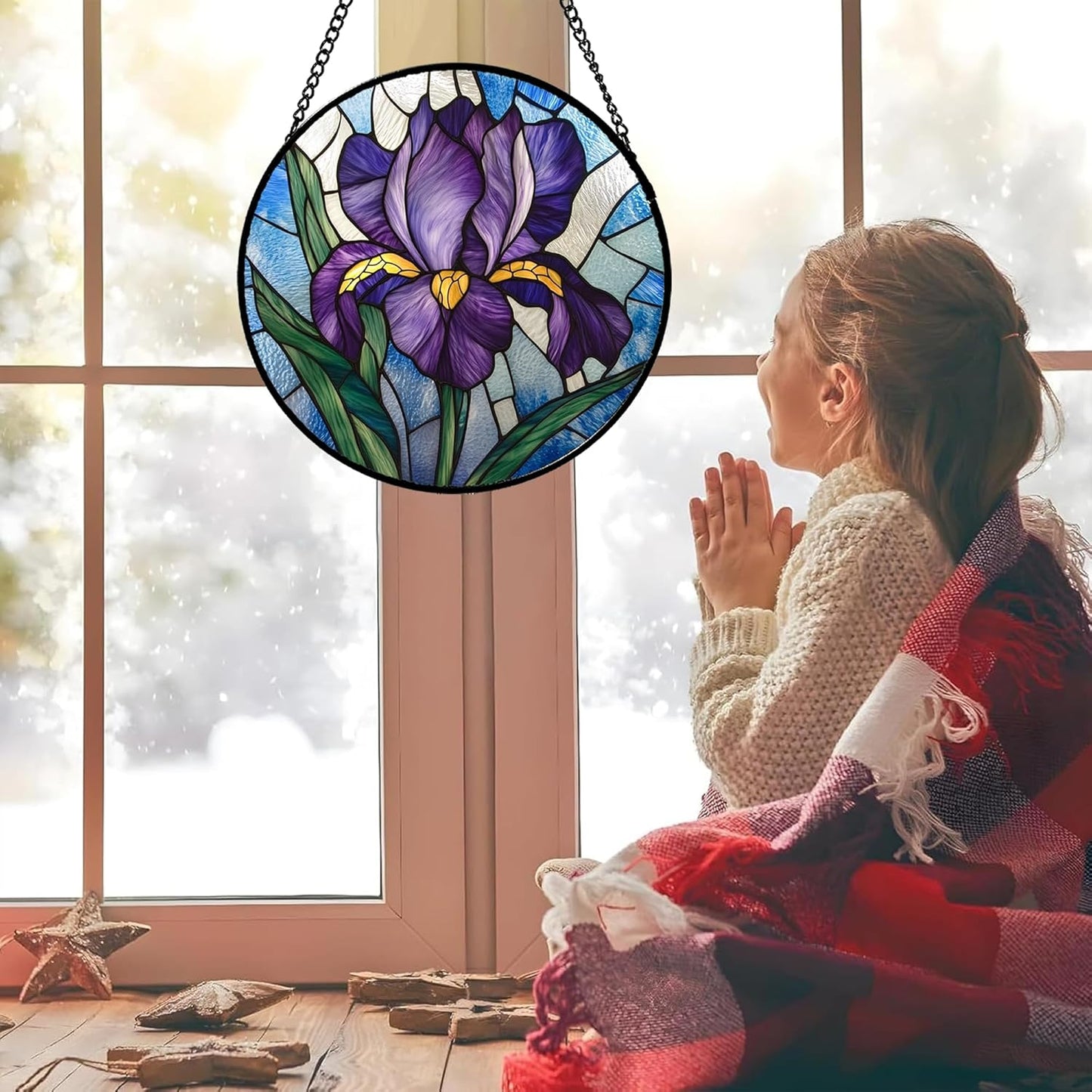 Stained Glass Window Hanging - Iris Birth Flower Suncatcher for Doors Garden Yard Purple Blue Sun Catchers Decor Christmas Mother's Day Birthday Gifts for Teacher Women Mom Nana 9.8 in