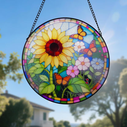 Sunflower Stained Glass Window Hanging Suncatcher – Round Floral Glass Panel for Window, Garden, Wall Decor – Sunflower Gift Suitable for Birthdays and Mother's Day (12 Inch)