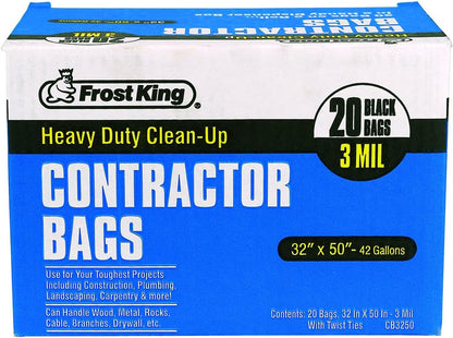 Frost King CB3250 Boxed Heavy Duty Contractor Clean, 32" x 50" x 3 mil, 32x50x3 Inch (Pack of 20), 20 Bags, Black